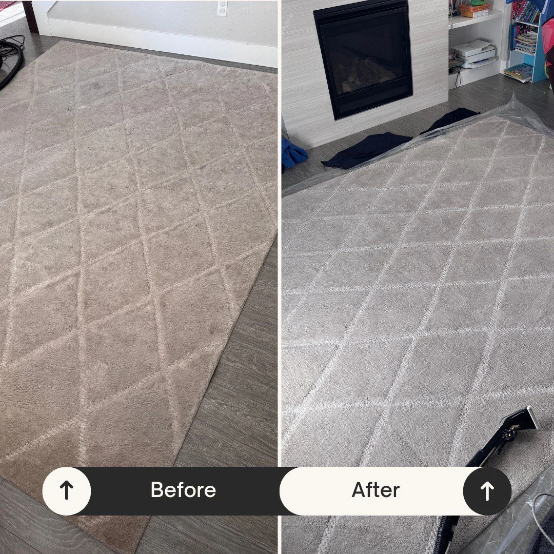 Side-by-side comparison of a beige carpet before and after cleaning. The 'before' shows a dull, slightly dirty carpet, while the 'after' displays a clean, bright carpet with a vacuum cleaner nearby.