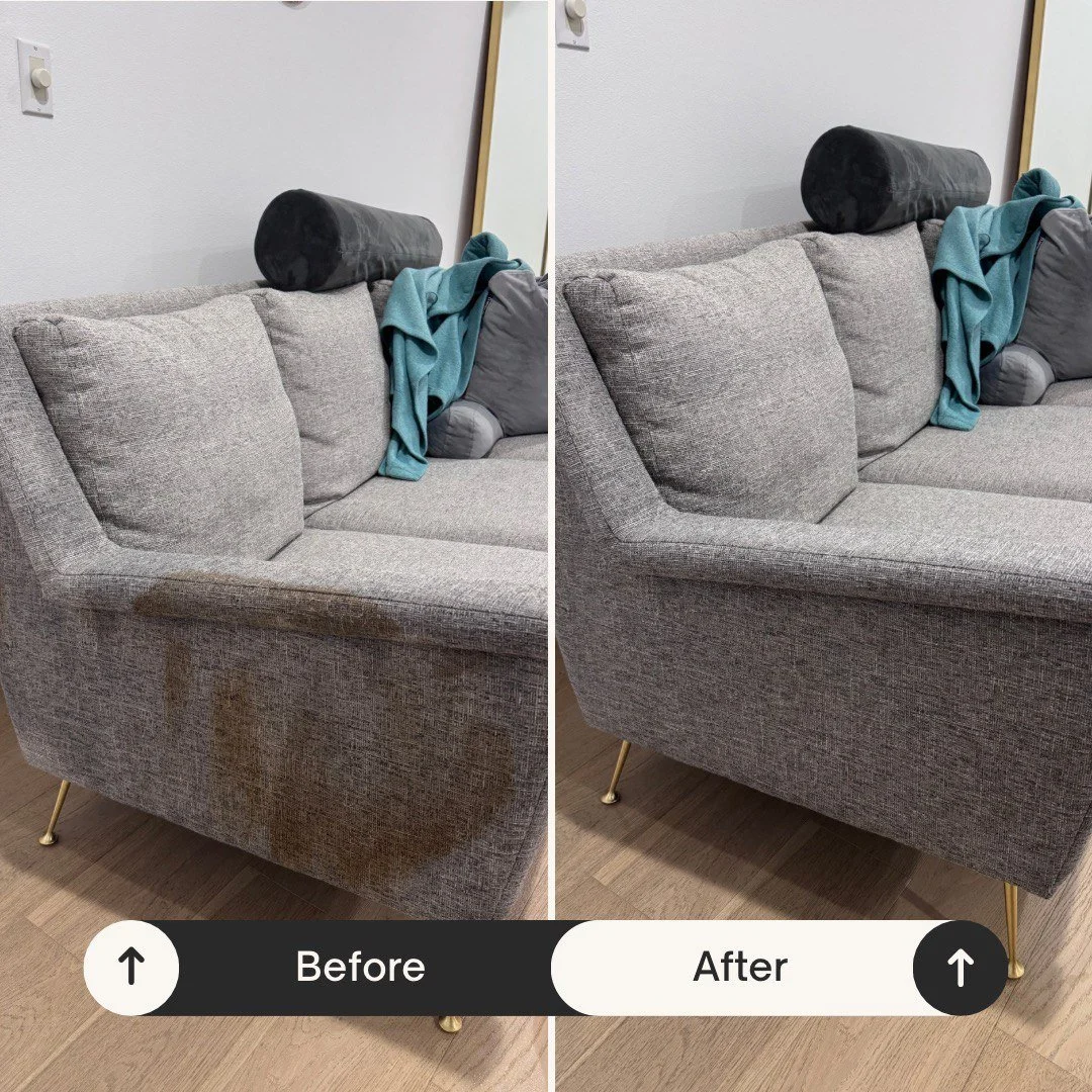 Comparison of a gray fabric sofa showing a water stain on the bottom front before cleaning and the same sofa after cleaning with no stain visible.