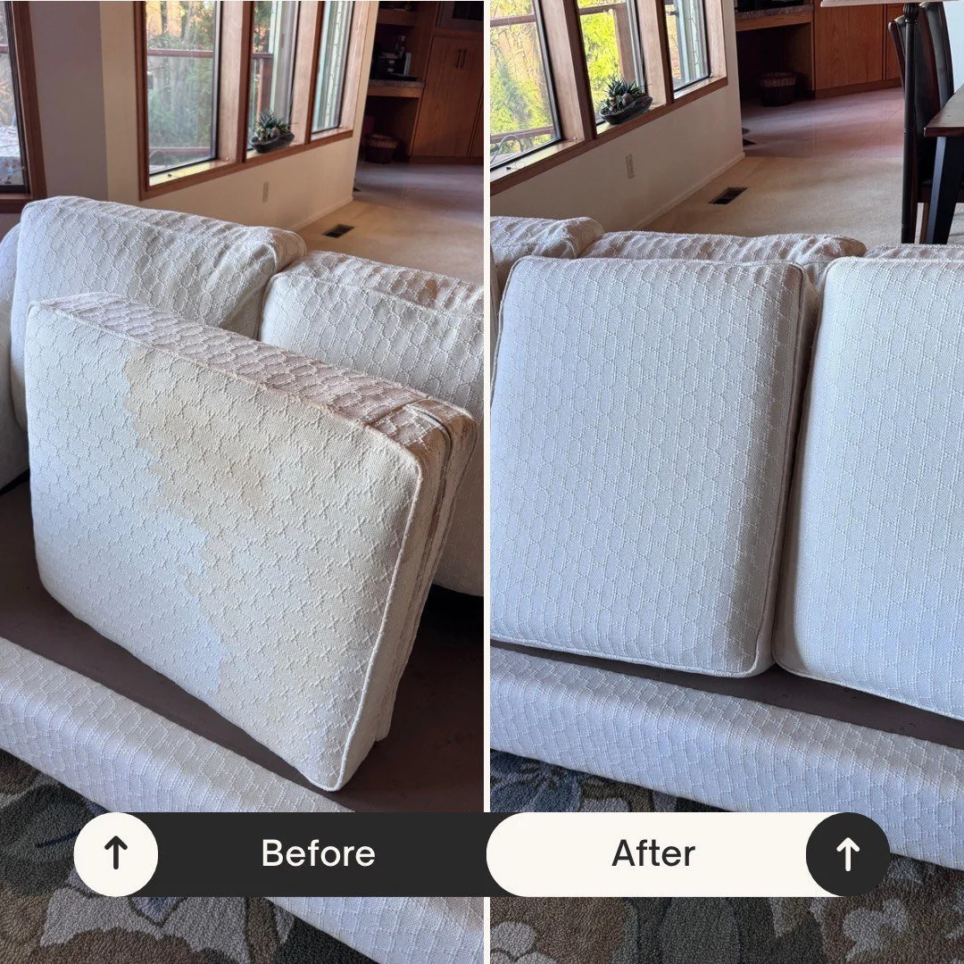 Comparison of a white textured sofa armrest before and after reupholstery, showing a cleaner appearance post-upholstery.