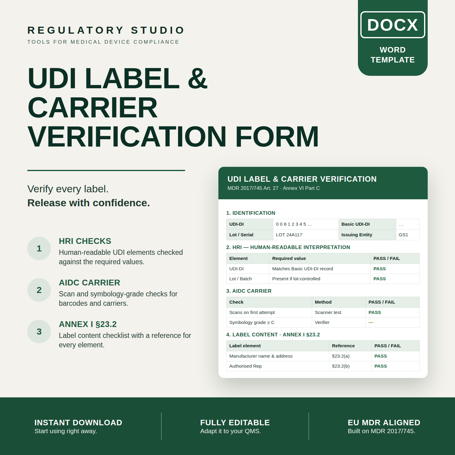 UDI Label and Carrier Verification Form