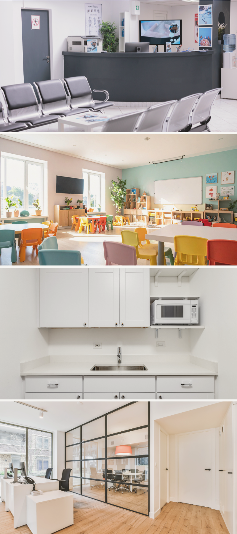 Images of completed commercial cleans. A clean doctors office waiting room. A clean child care centre. A clean office lunch room. A clean office space with clean windows and mopped wooden floors