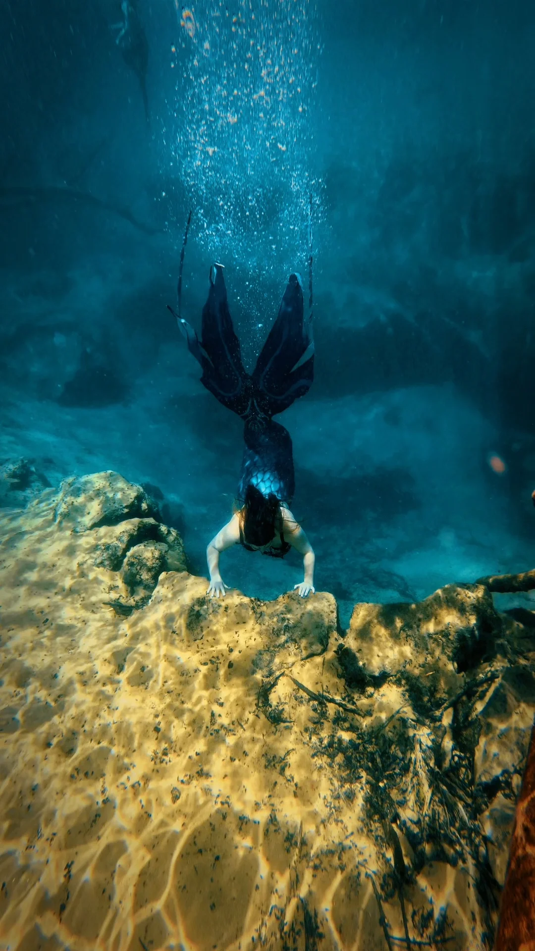 Mermaid swimming underwater near rocks.