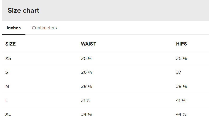High Waisted Fitted shorts size chart.png