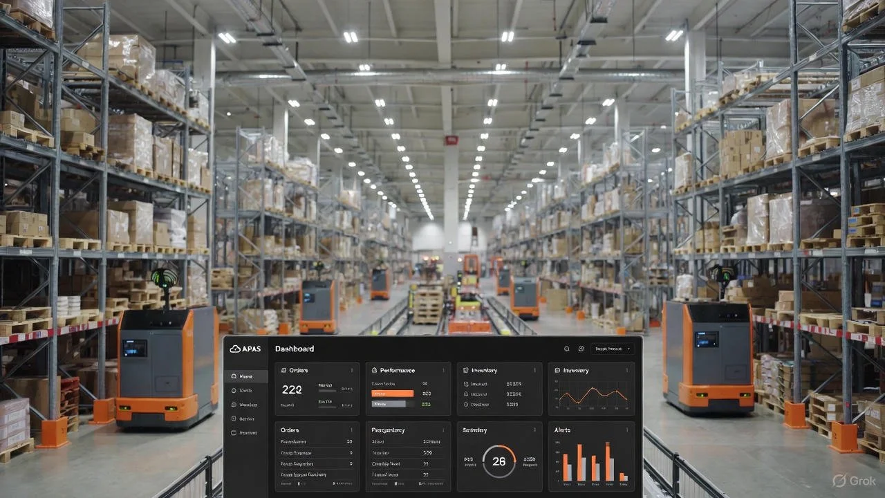 A large warehouse with shelves filled with boxes and pallets, and several autonomous robots moving around, with a digital dashboard overlay showing inventory and performance data.