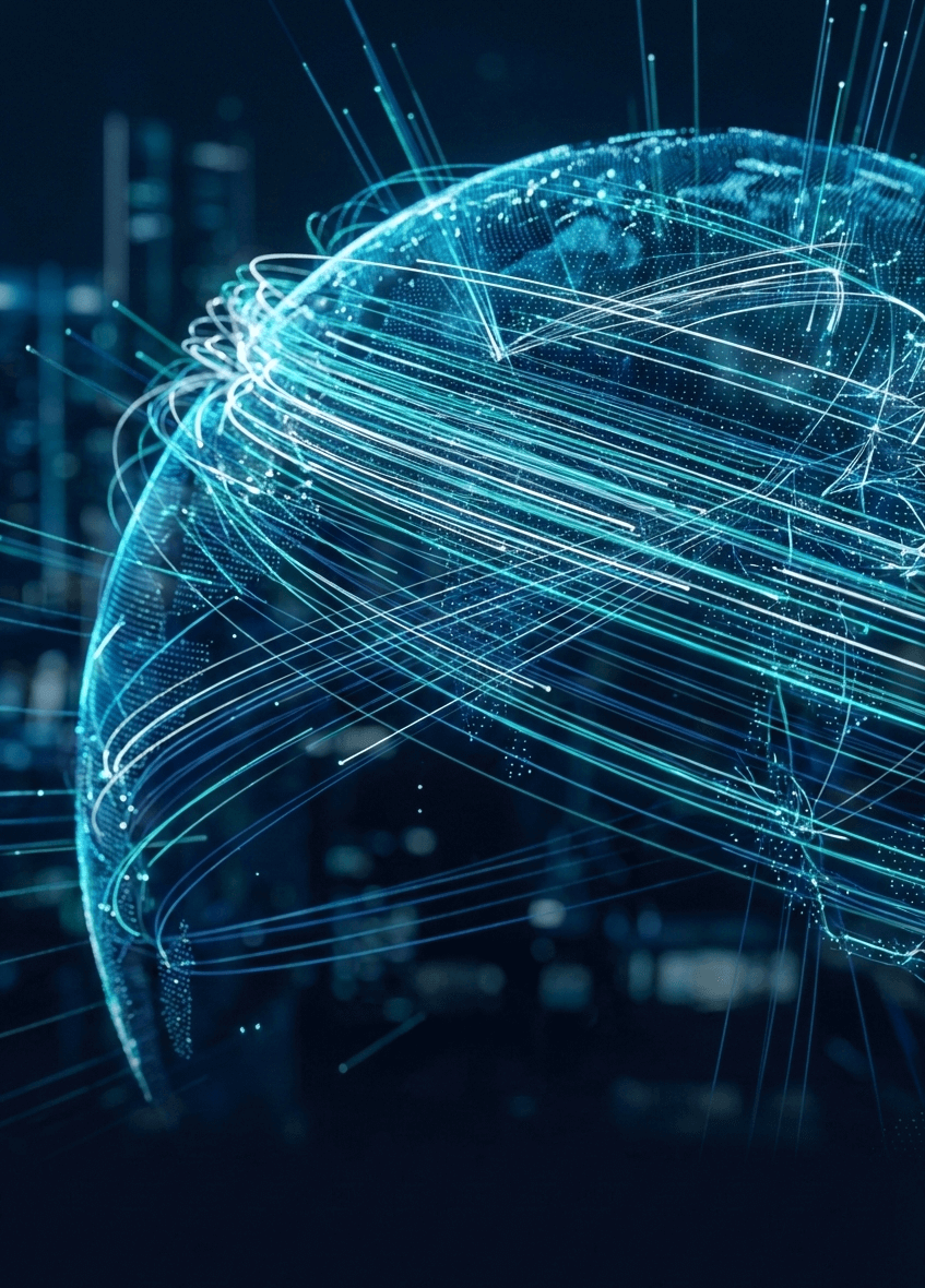 Digital representation of the Earth with glowing blue lines and data points, illustrating global connectivity and data transfer.