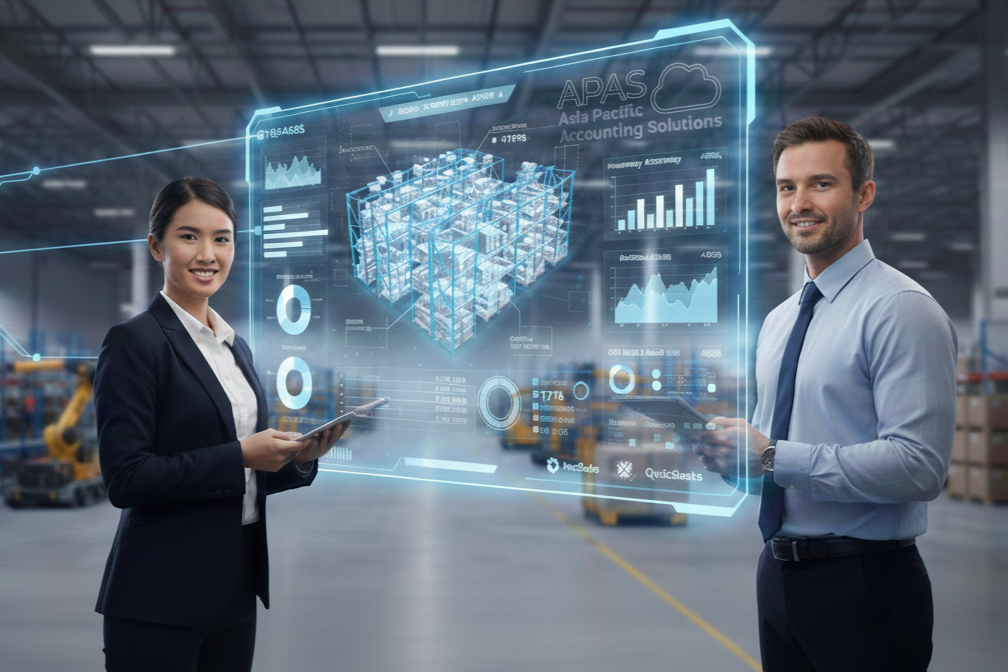Two business professionals, one woman and one man, standing in a warehouse with digital holographic data and graphics related to supply chain and analytics projected between them.