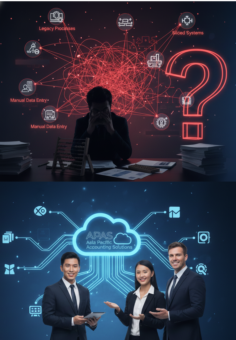 Top image shows a person with a silhouette against a red digital network illustrating outdated processes like manual data entry and siloed systems, with a large red question mark. Bottom image shows three business professionals smiling in front of a digital cloud graphic labeled 'Asia Pacific Accounting Solutions,' with icons representing  business tools and data connections