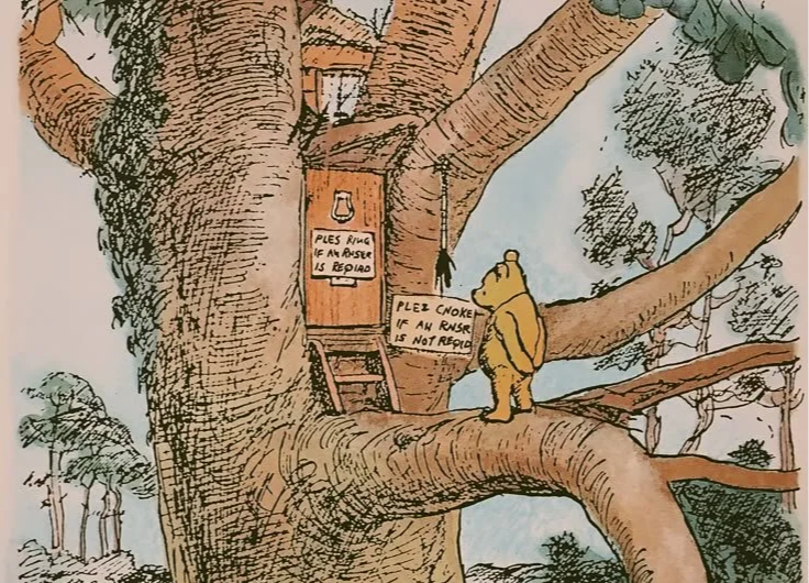 picture of classic winnie the pooh looking at house