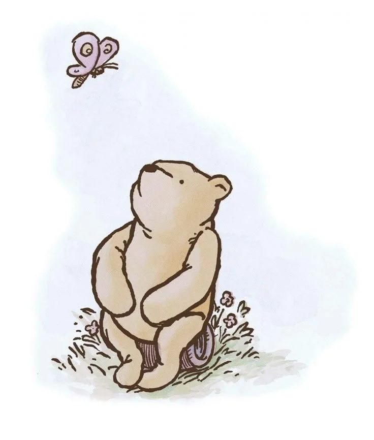drawing of classic winnie the pooh bear looking at butterfly