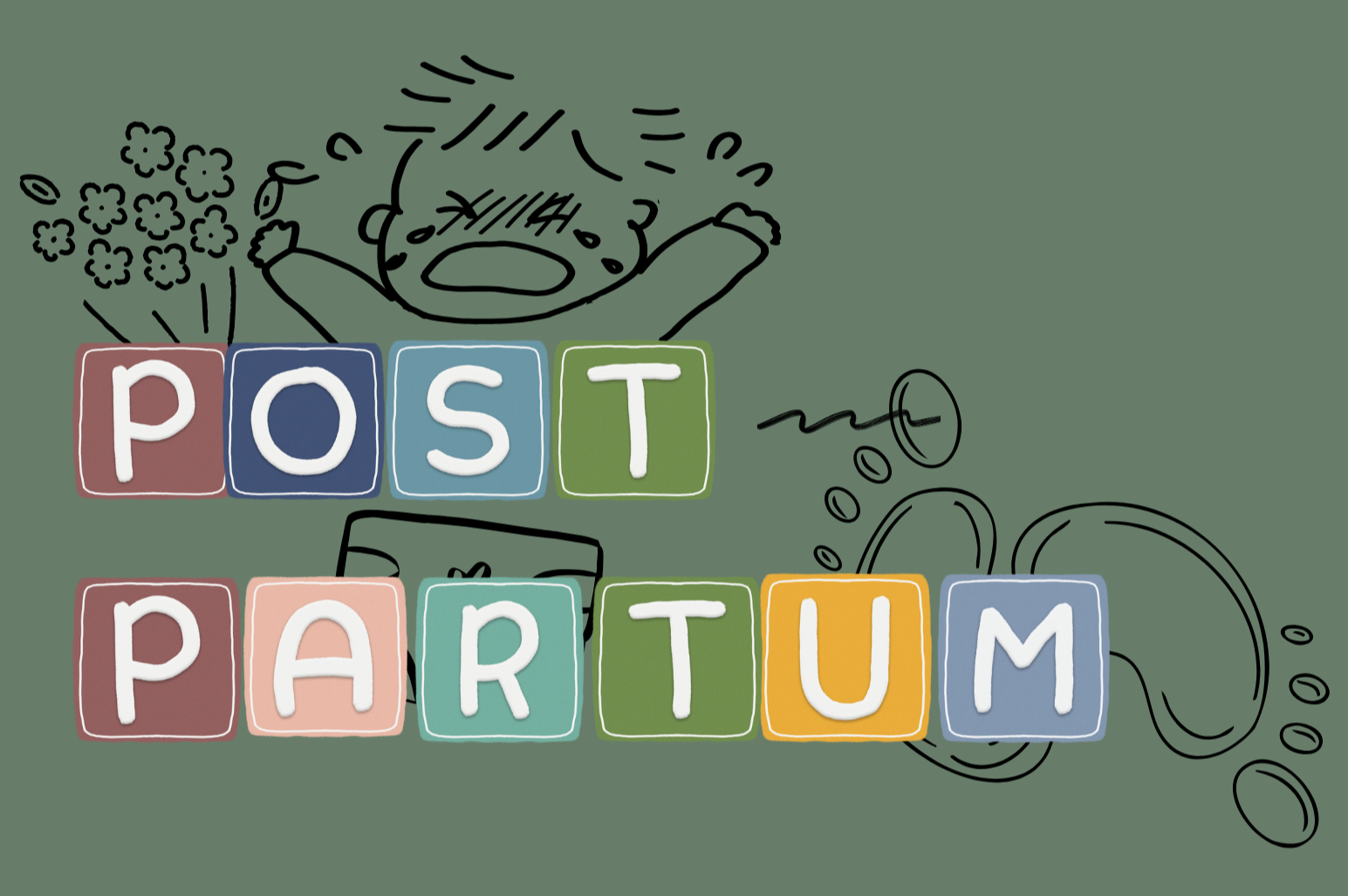creative image of the word postpartum and illustrations