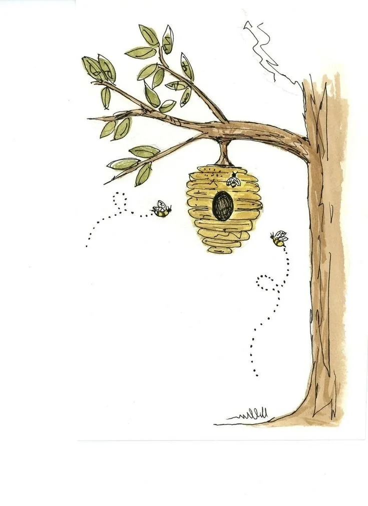 drawing of honey cone on tree with bees