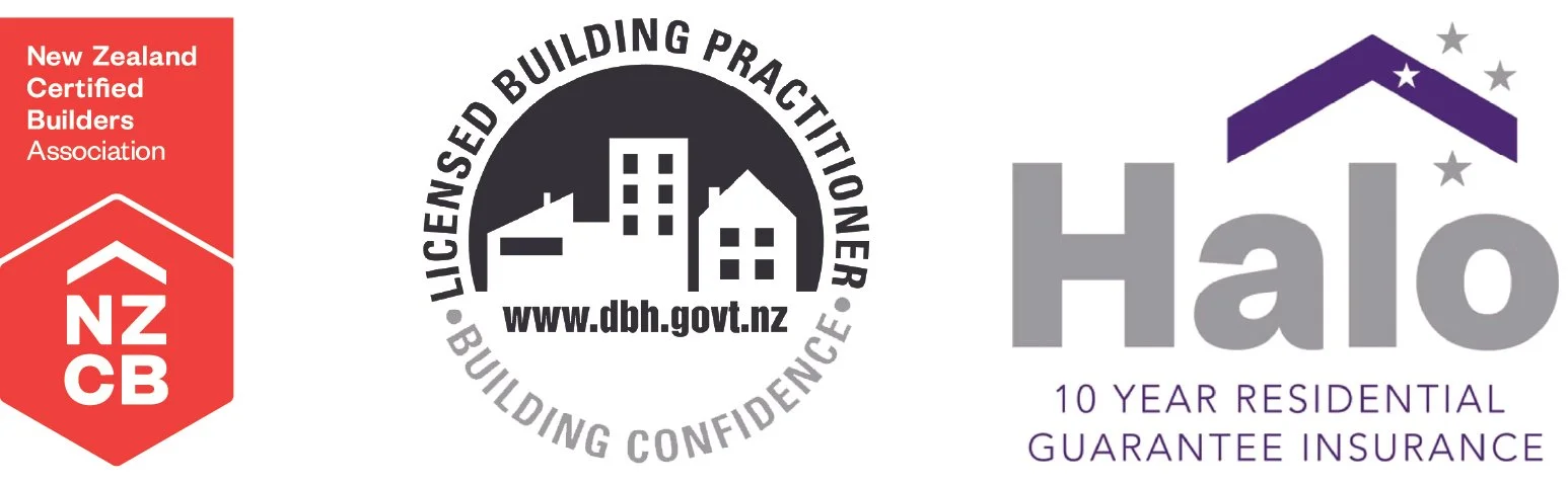 Trust badges: New Zealand Certified Builders, Licensed Building Practitioner, and Halo 10-Year Guarantee logos