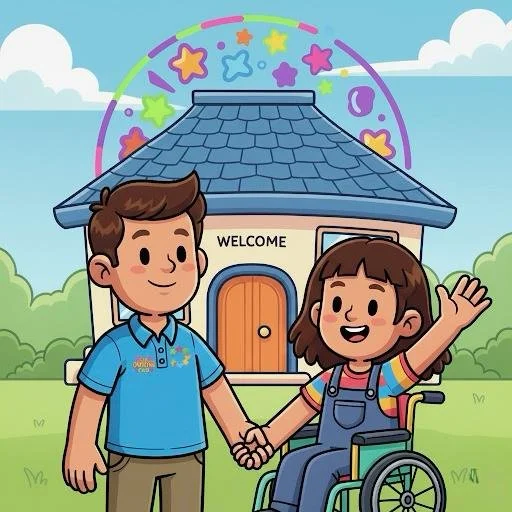 A boy and a girl holding hands in front of a house with a ''Welcome'' sign on the door. The girl is in a wheelchair, smiling and waving. The house has a blue roof and is decorated with colorful stars and shapes in the sky.