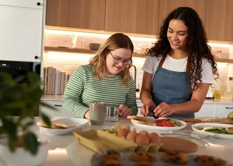 Two women in a kitchen preparing food, one with glasses wearing a green striped shirt, the other with curly hair wearing a denim apron, smiling and chopping vegetables.