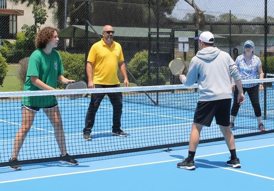Four people on a blue outdoor tennis court, two playing pickleball, with a net in the center. The person in a green shirt and the person in a gray hoodie are facing each other, holding paddles. Two additional individuals are watching in the background, one in a yellow shirt and one in a patterned shirt, with a tennis court and fence visible behind them.