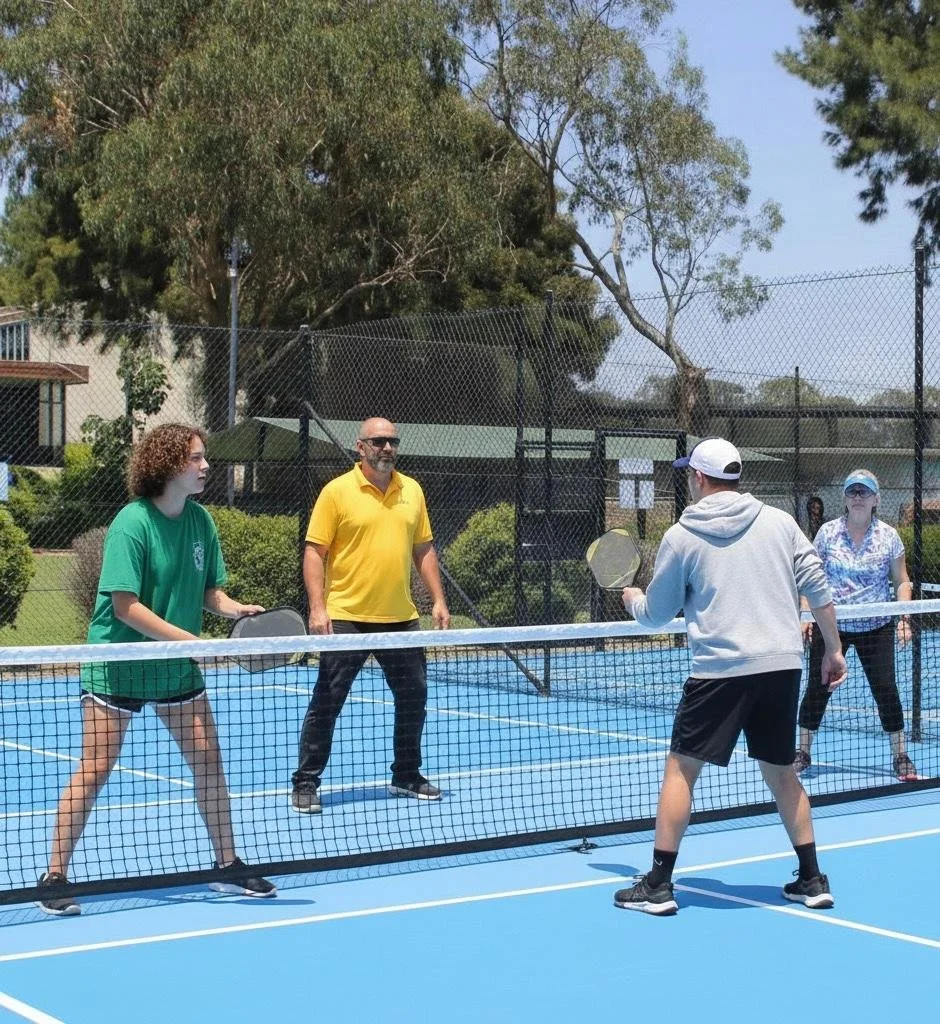 Four people play pickleball on a blue outdoor court with trees and a fence in the background. Two players are at the net, one wearing a green shirt and shorts, and the other in a gray hoodie and black shorts. Two spectators or partners, one in a yell