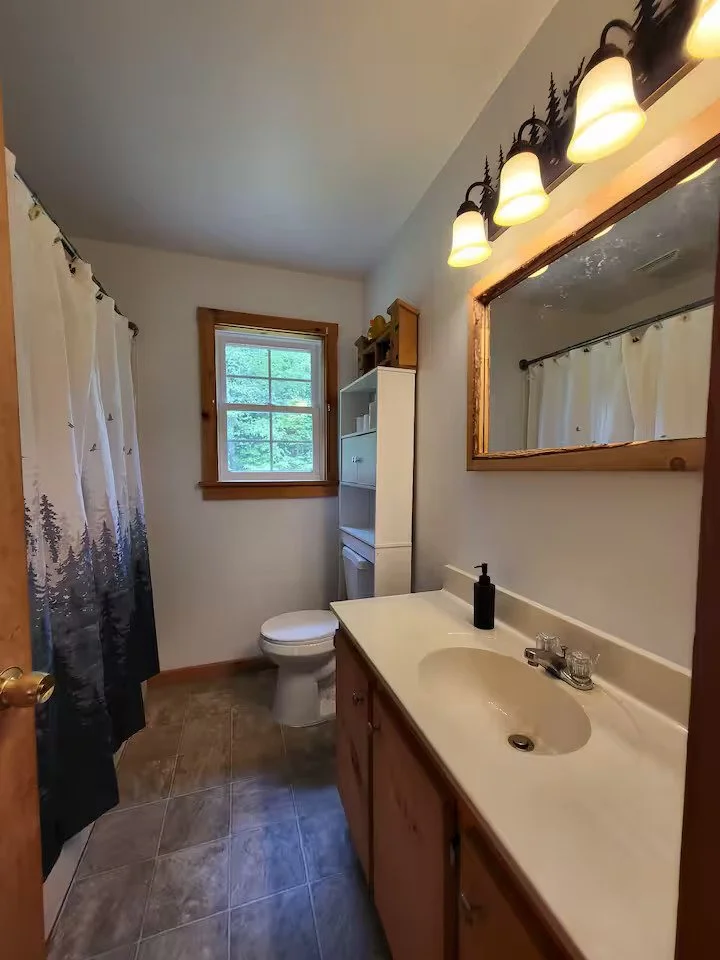Small bathroom with wooden accents, a window, a shower with a forest-themed curtain, a white toilet, a wooden medicine cabinet, a white storage cabinet, a sink with a black soap dispenser, and a mirror with four lights above.