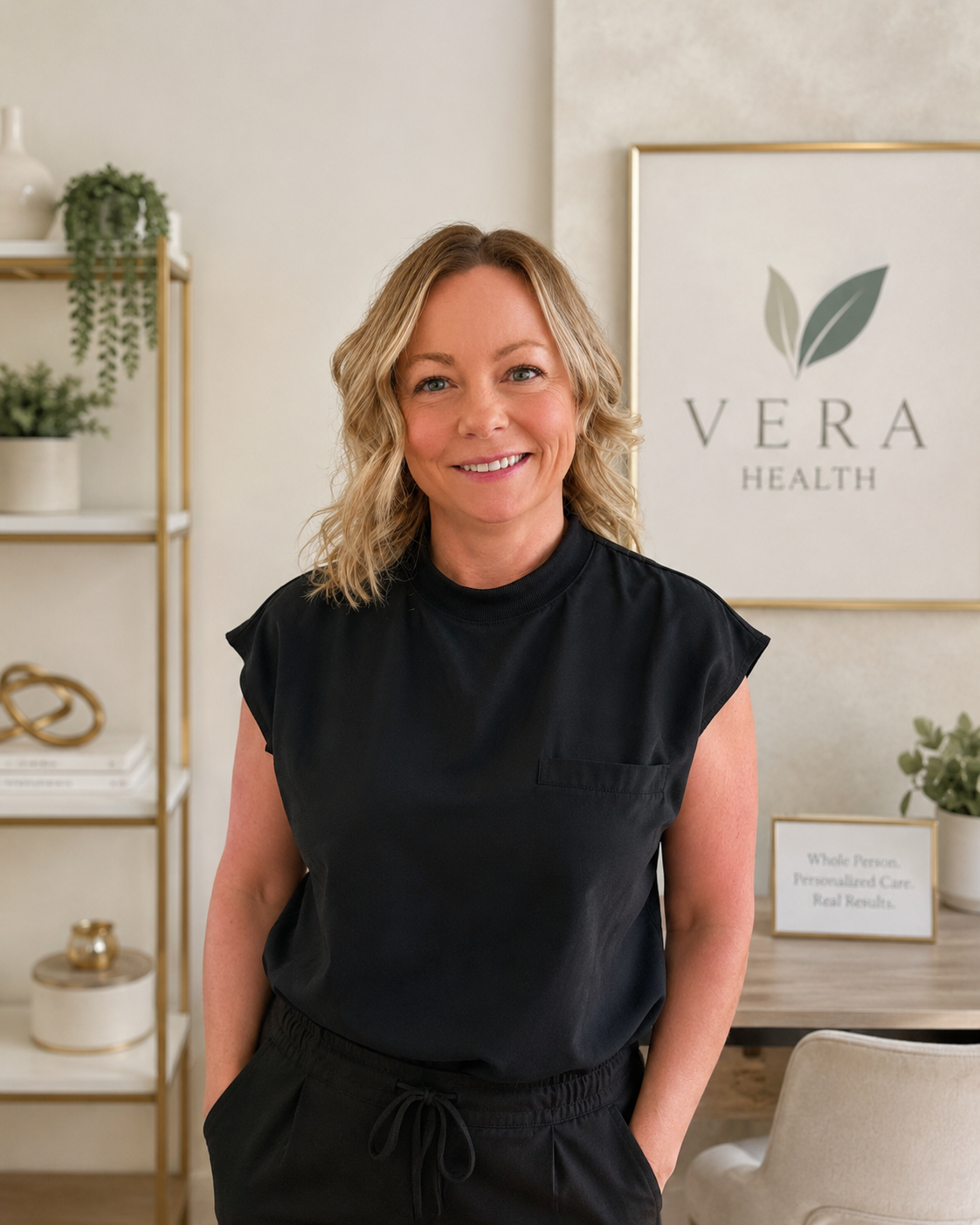 A woman with wavy blonde hair, wearing a black top, standing in an office with a sign that says 'Vera Health' and some decorative plants.