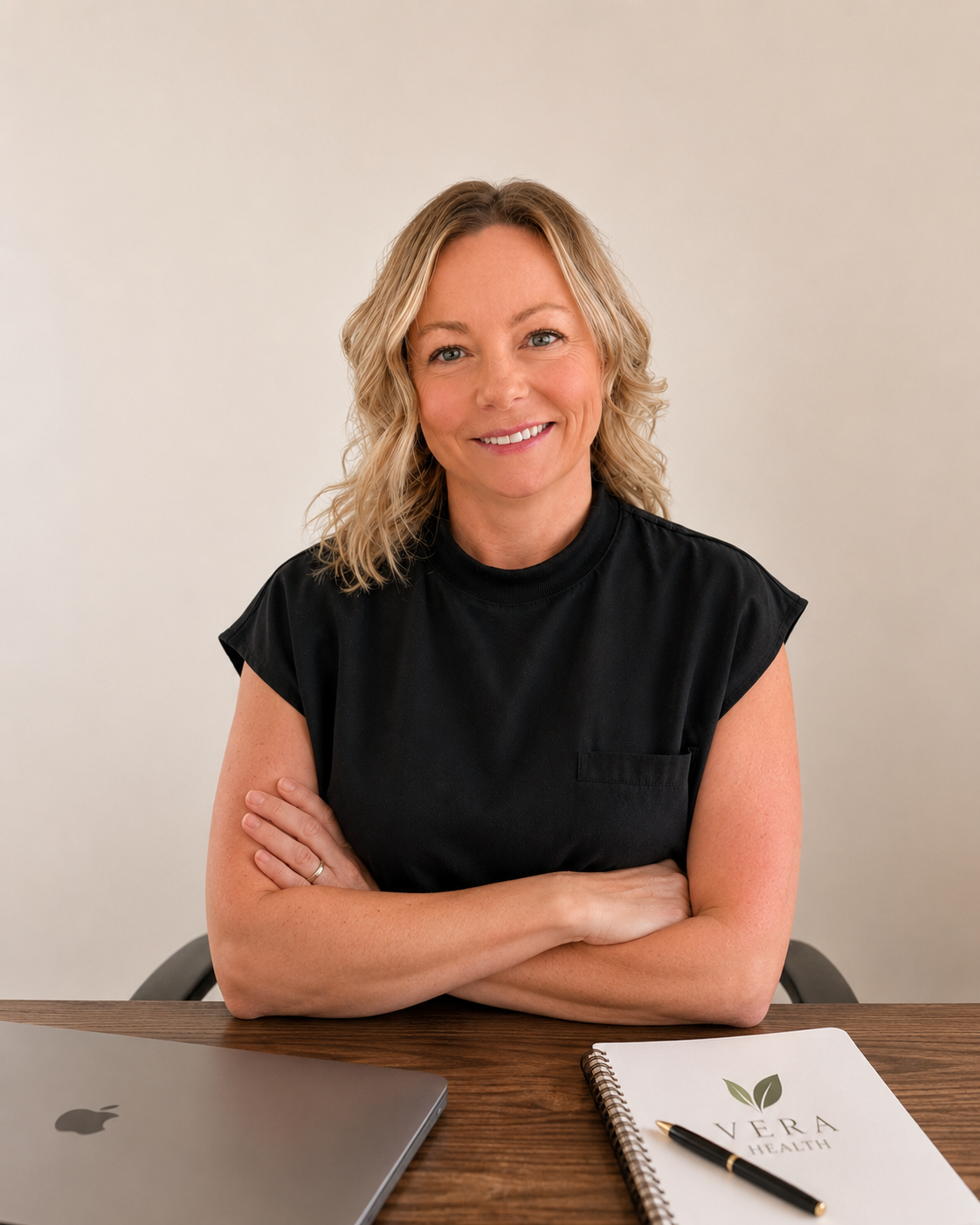 A woman with blonde, shoulder-length hair smiling and sitting at a wooden desk with her arms crossed. She is wearing a black sleeveless top. On the desk are a closed silver MacBook, a notebook with 'Vera Health' and a leaf logo on the cover, and a black pen with gold accents. The background is plain and neutral.