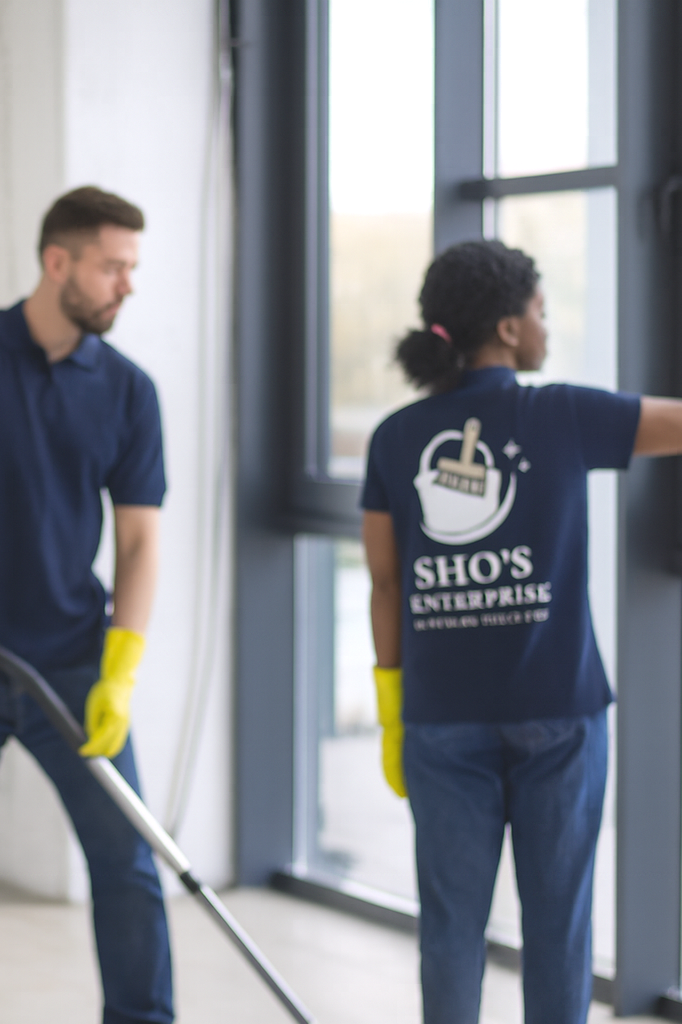 Two workers cleaning a window indoors, wearing matching navy blue shirts and yellow gloves.