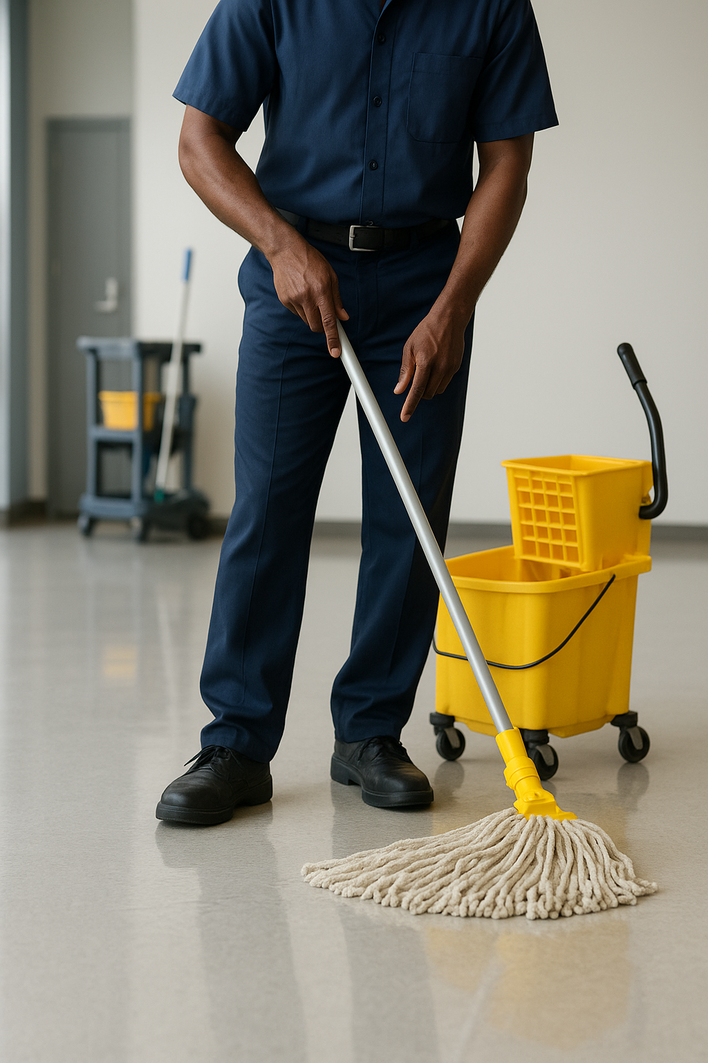 A person in a blue uniform mopping the floor with a yellow mop and bucket in the background.