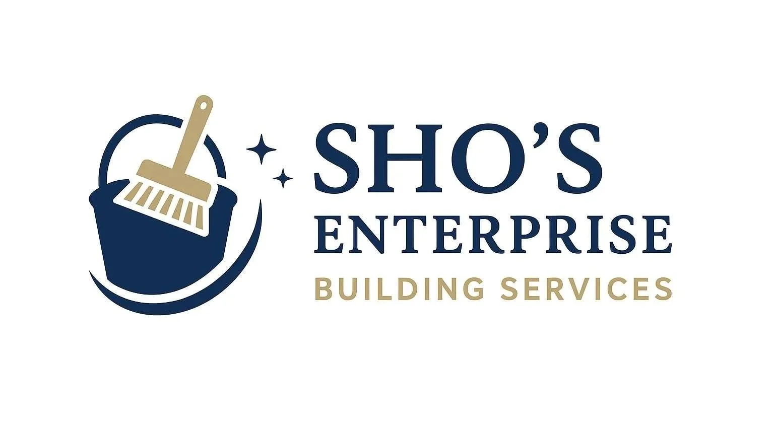 Logo featuring a broom in a bucket with sparkles, accompanied by text that reads 'Sho's Enterprise Building Services' in blue and gold colors.