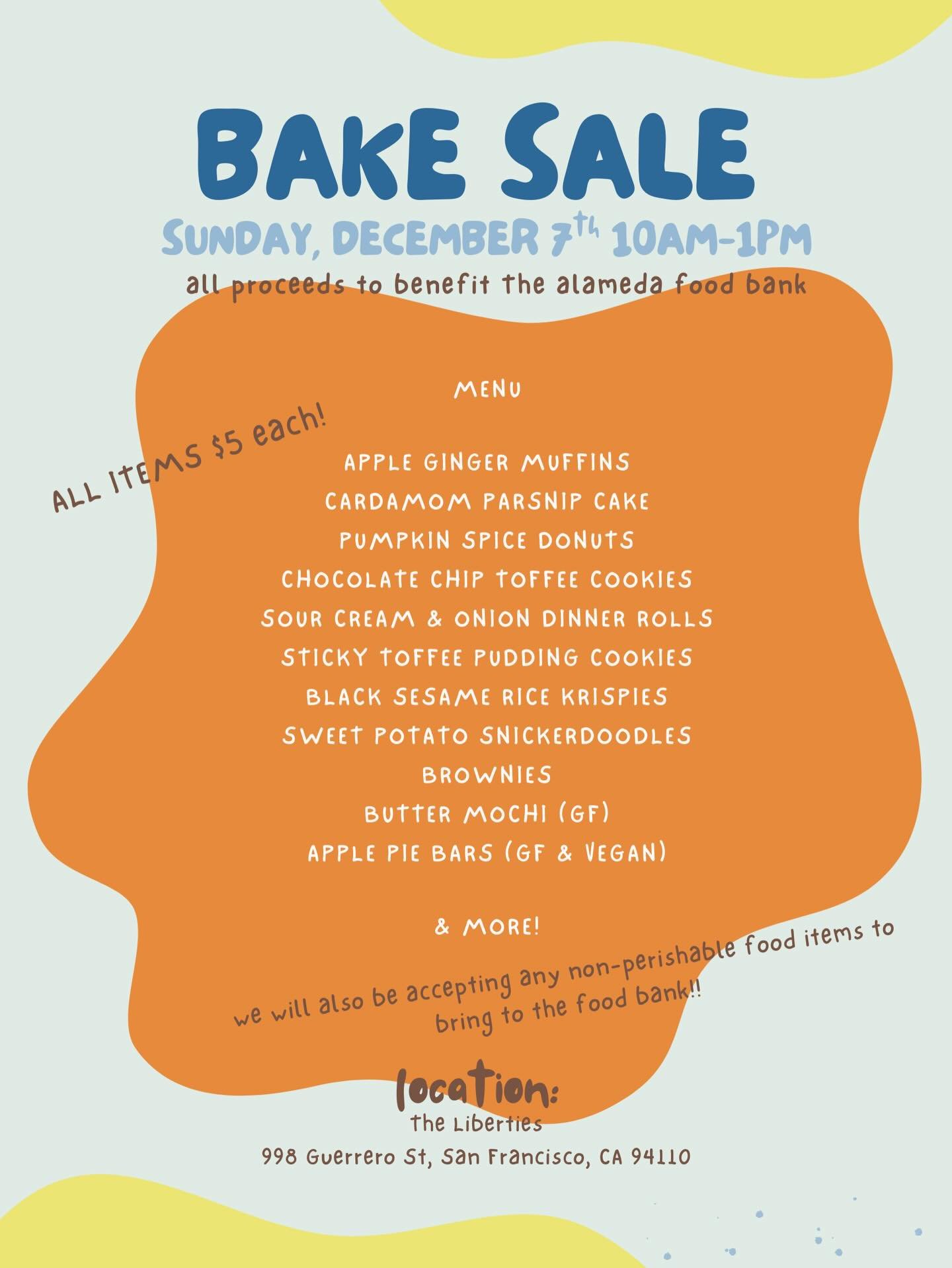 our next bake sale is benefitting @alamedafoodbank !! come on by for some sweet (and savory!) treats. we will also be serving up a festive, warm drink for all!

when/where: Sunday, December 7 @theliberties between 10am-1pm 

one special note about th