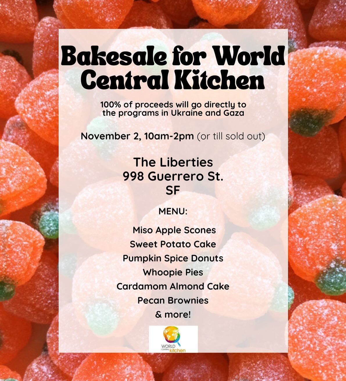 see you tomorrow @theliberties for our third Bakes Not Bombs bake sale benefiting @wckitchen efforts in Ukraine and Gaza!