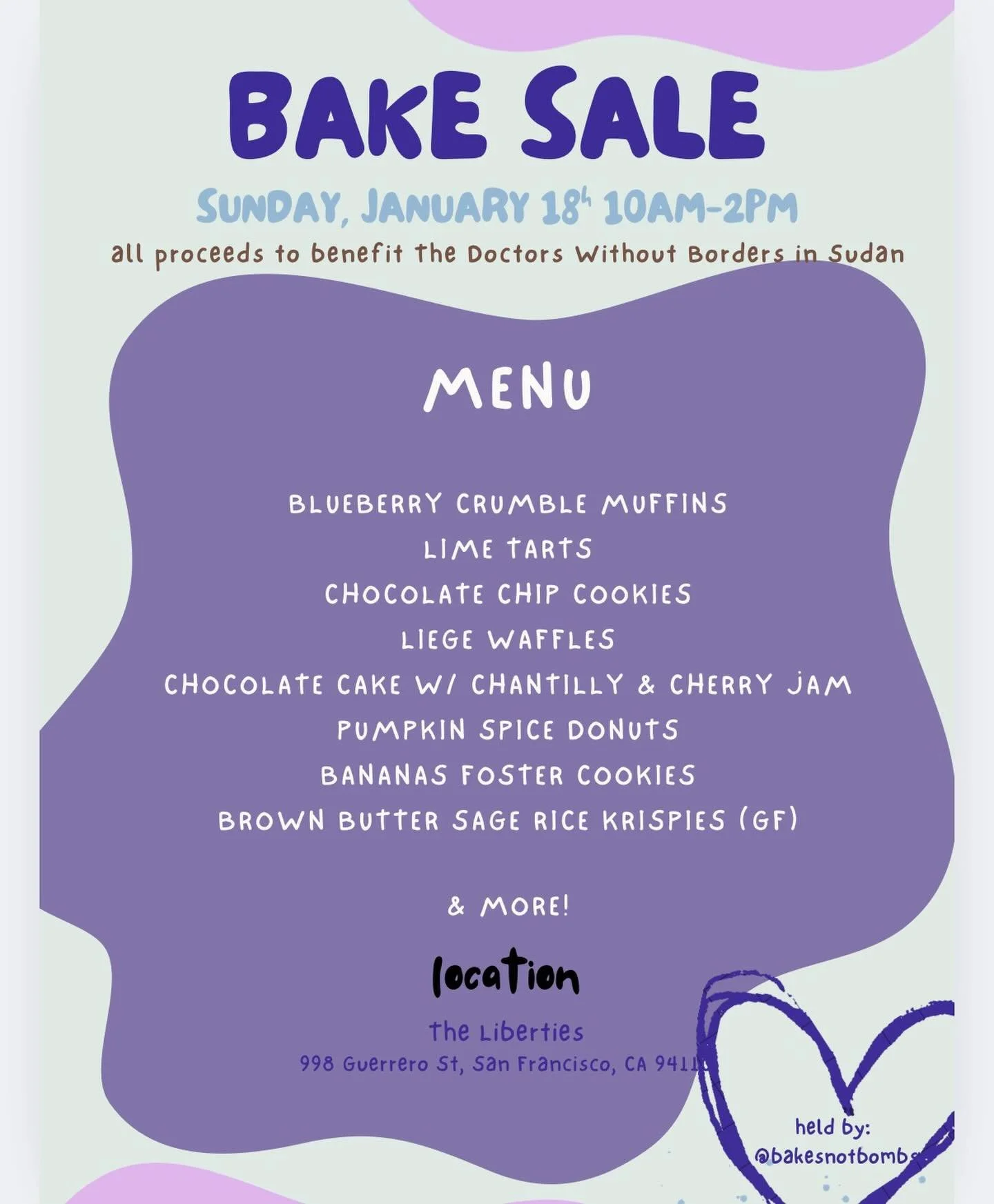 Bake sale for @doctorswithoutborders.apac in Sudan tomorrow @theliberties from 10am-2pm. Lots of yummies!!! Come by and support :) We will be serving hot peppermint tea for all 💘

#bakesale #sf #popup #doctorswithoutborders #local