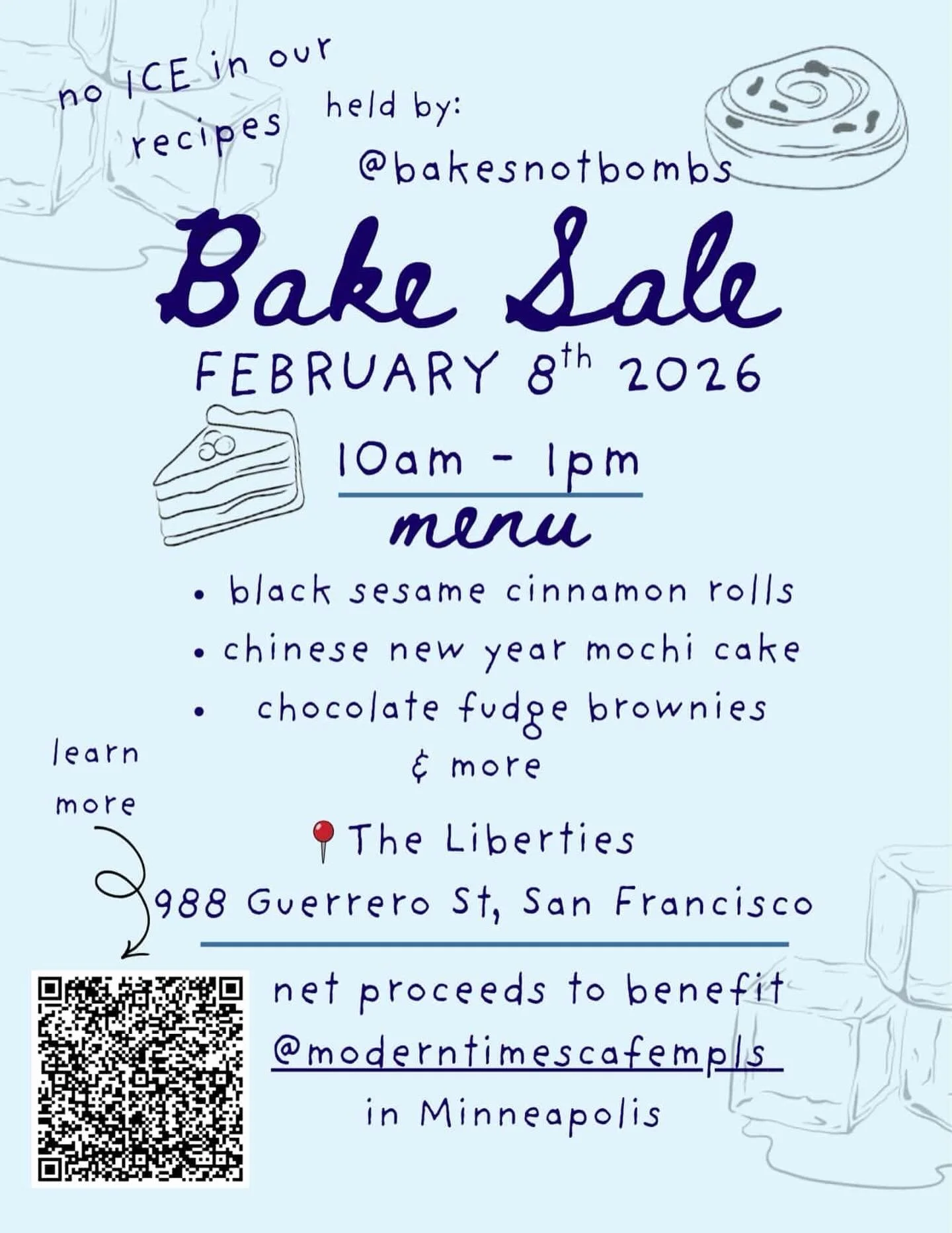 🚫🧊our next bake sale will be benefitting @moderntimescafempls who is supplying meals to those affected by ICE in Minneapolis. @theliberties 10am-1pm or sold out. we hope to see you there 🫶🏽

much thanks to @michmleon for leading the charge on the