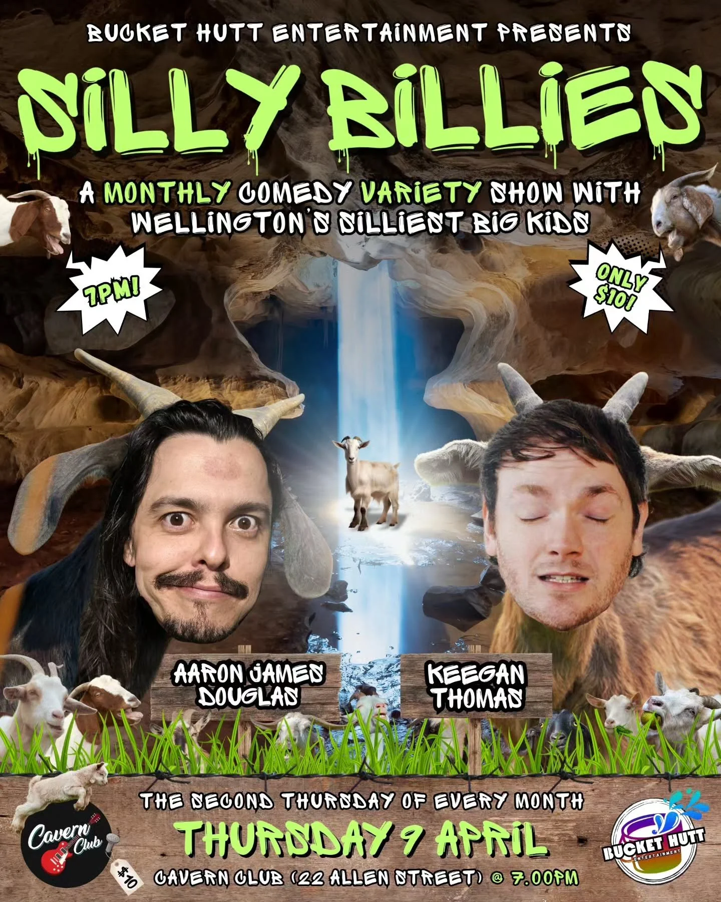 Get ready because Wellington comedy show Silly Billies is about to break out of the fence screaming!

Hosted by two of Welly's wildest and weirdest experimental comedians, Aaron James Douglas and Keegan Thomas, Silly Billies is serving up a wild nigh