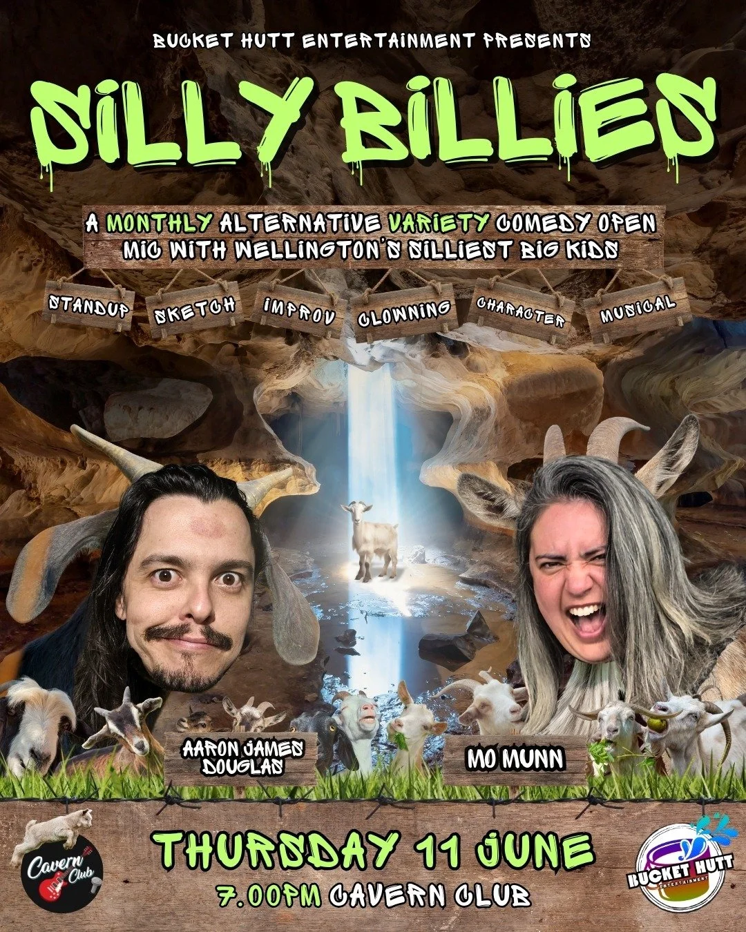 THE SILLY IS BACK! 🐐

Comedians and oddball shepherds, Mo Munn and Aaron James Douglas, are back in June with another herd of the silliest Wellington has to offer. 

Silly Billies is the only alternative variety comedy open mic in Wellington and tho