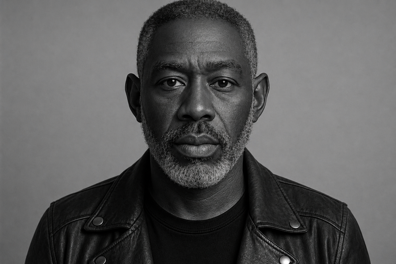 Black and white portrait of a mature man with short gray hair and beard, wearing a leather jacket, looking directly at the camera.