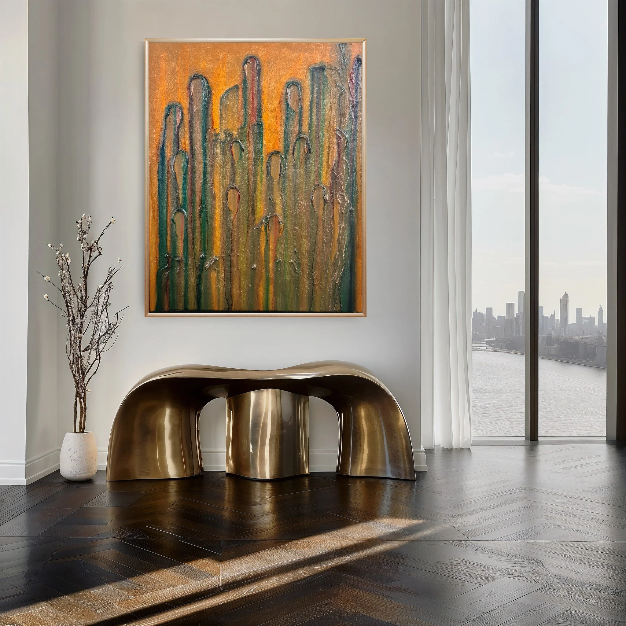 Artist Shanti Padme's artwork titled "Guardians". A contemporary abstract piece using acrylic paint and alcohol inks. Tall vertical columns in green, orange, yellow, blue, and pink tones, hanging on a white wall in a bright room with large windows.