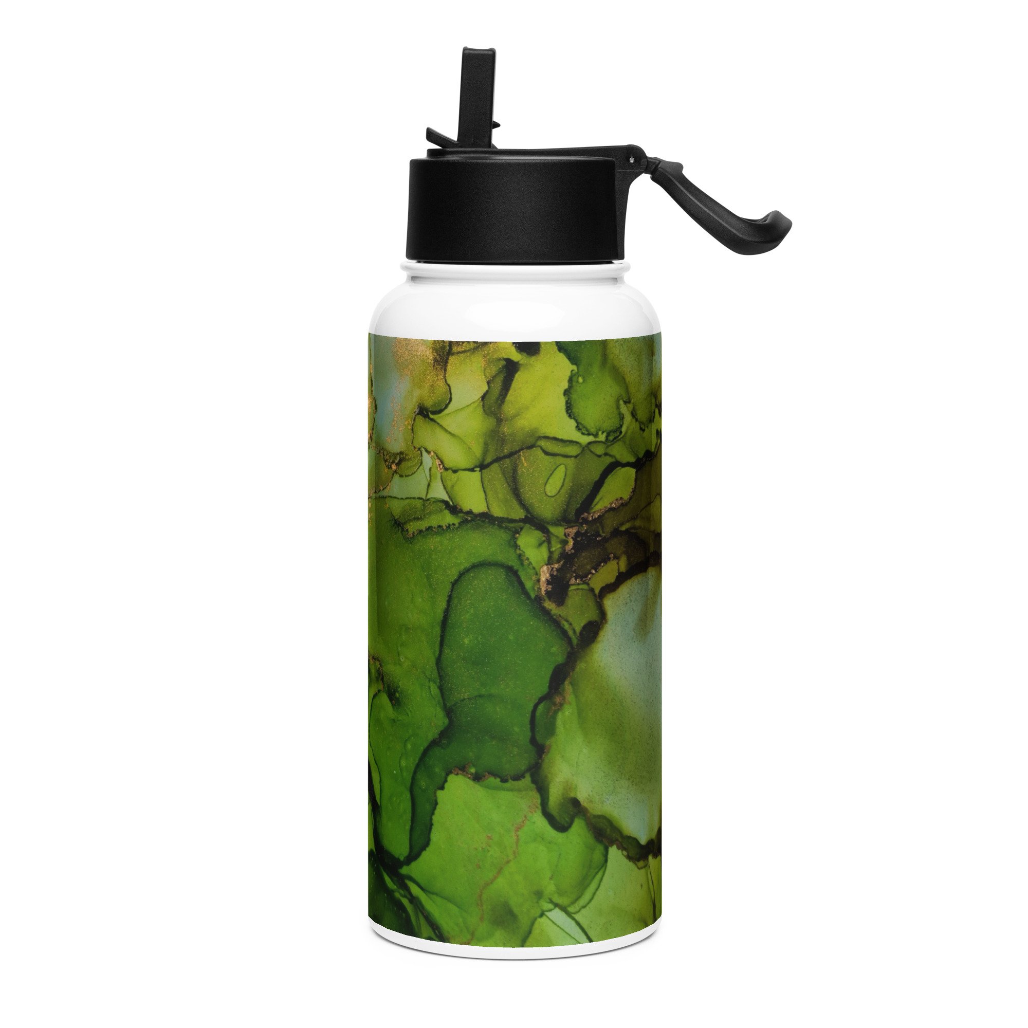 Stainless steel water bottle with a straw lid - Green & Gold Marble