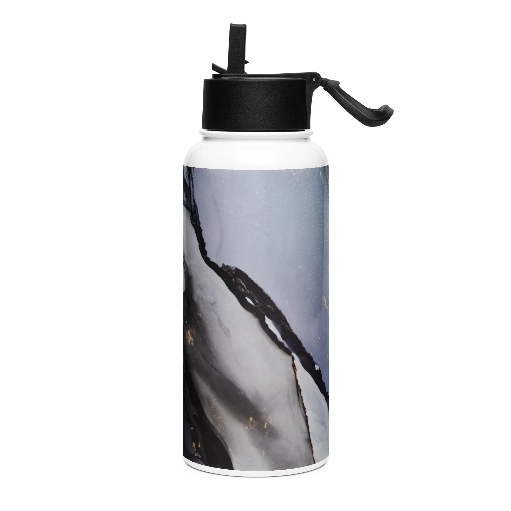 Stainless steel water bottle with a straw lid - Blue Black & Gold Marble
