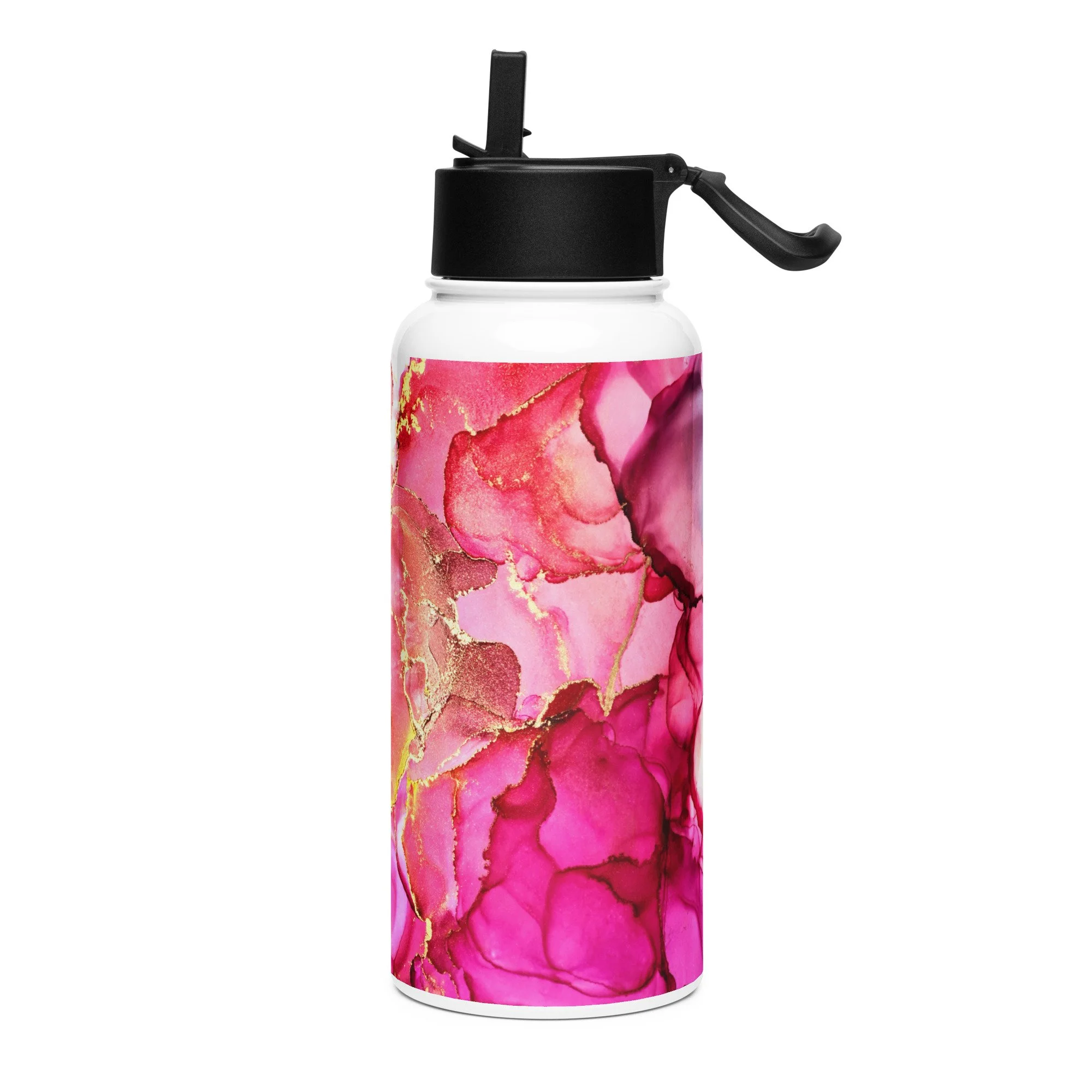 Stainless steel water bottle with a straw lid - Pink & Gold Marble