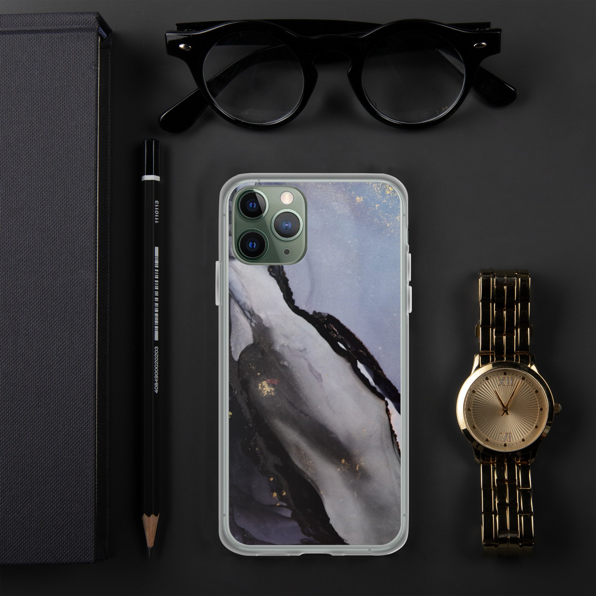 iPhone® Clear Case - Blue Black & Gold Marble II