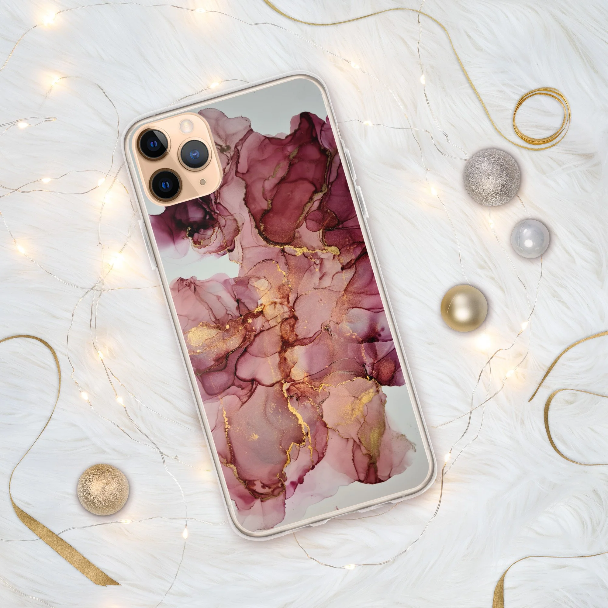 iPhone® Clear Case - Pink Maroon & Gold Marble