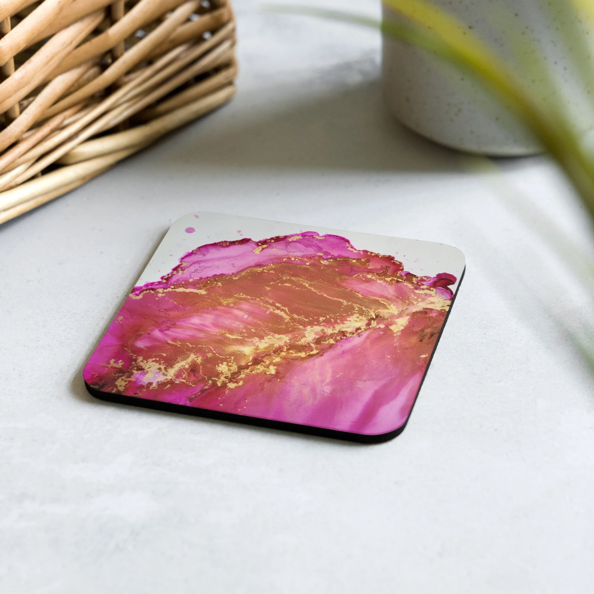 Cork-back coaster (single coaster)- Pink & Gold Bloom