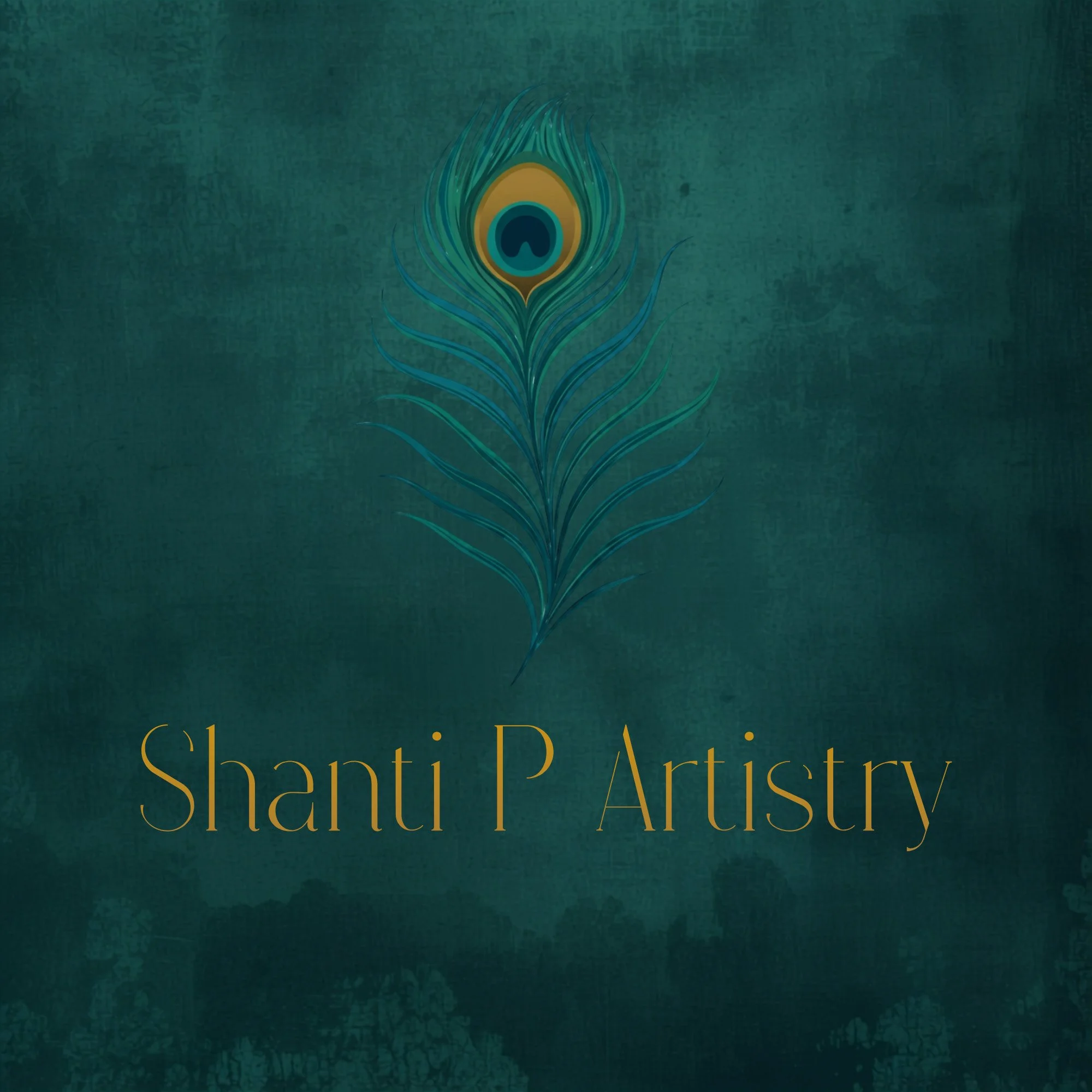 Shanti P Artistry Logo: Turquoise and gold peacock feather above the words "Shanti P Artistry" on a dark teal background.