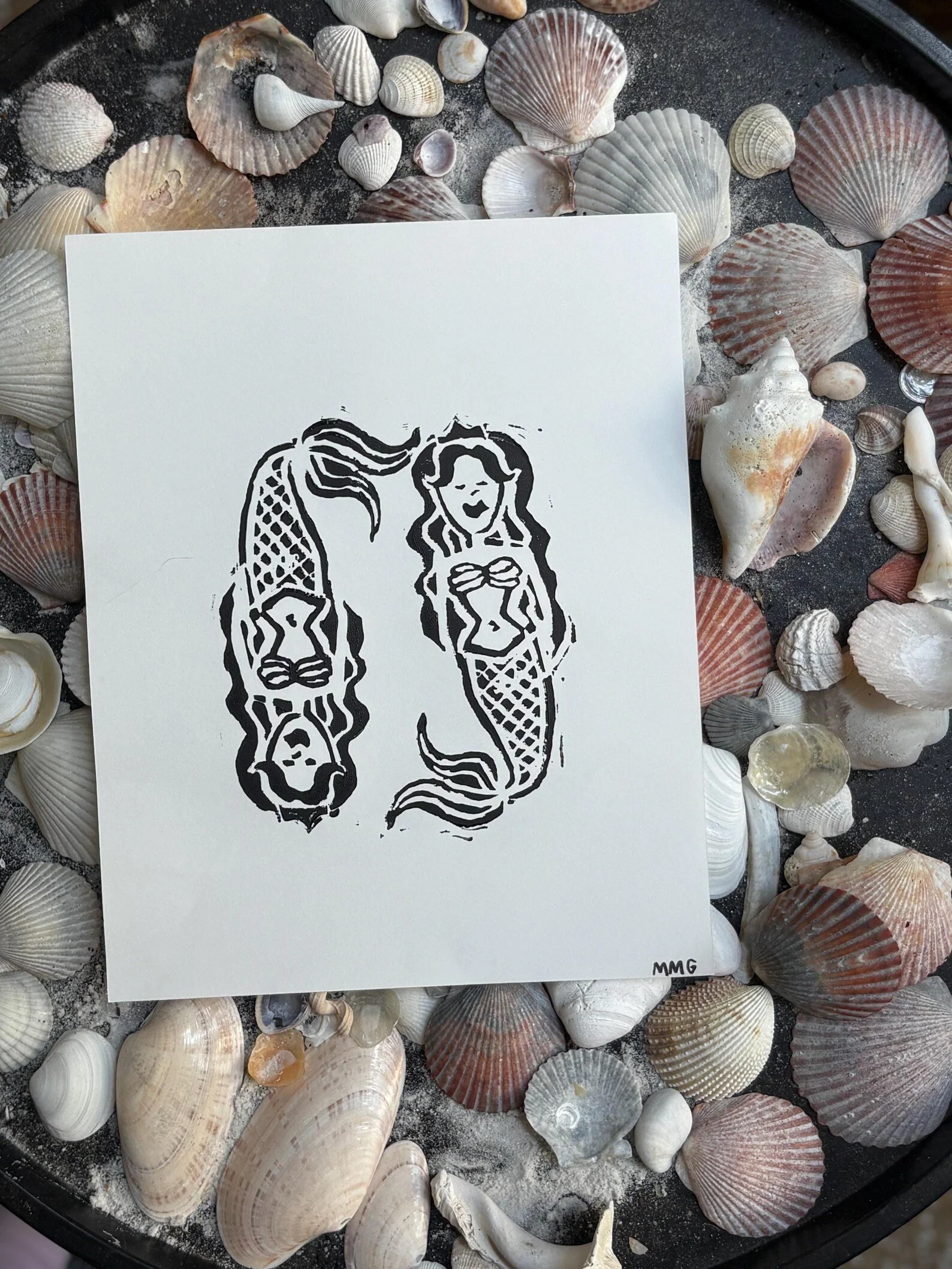 "Gemini Mermaid" Linocut Print