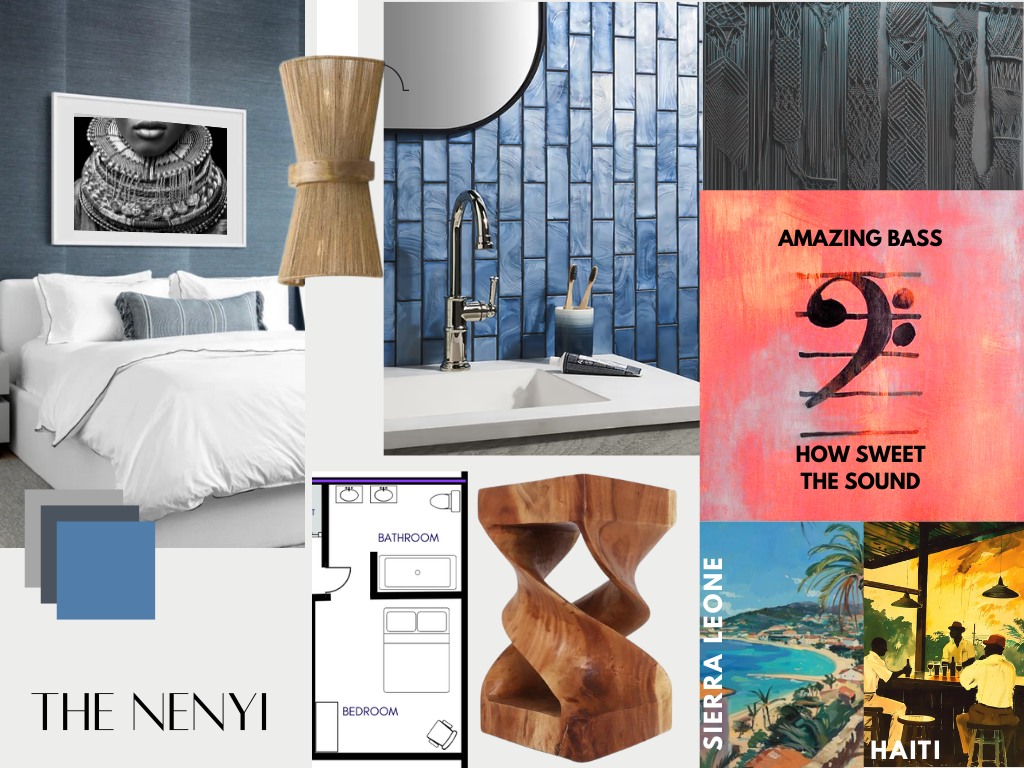 Collage of interior and exterior designs including a bedroom with white bed and black and white framed artwork, a bathroom with blue tile and sink, a wooden sculptural table, a vibrant pink graphic poster with sound wave imagery and text, a scenic outdoor bar in Haiti with palm trees and sunset, a black and white framed photo, and a blue color palette with shades of blue.