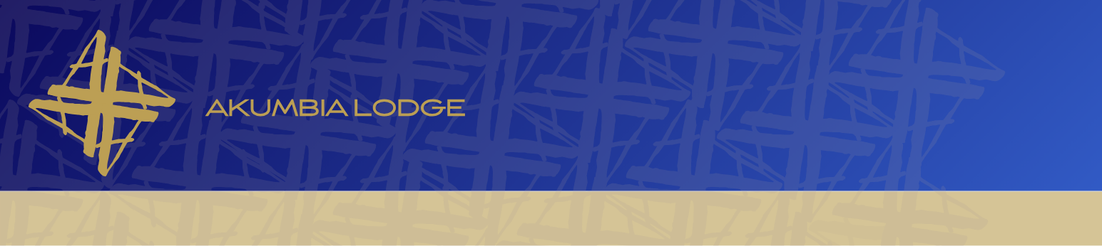 Logo for Akumbia Lodge with a stylized gold cross and the name in gold text on a blue background with a decorative pattern.
