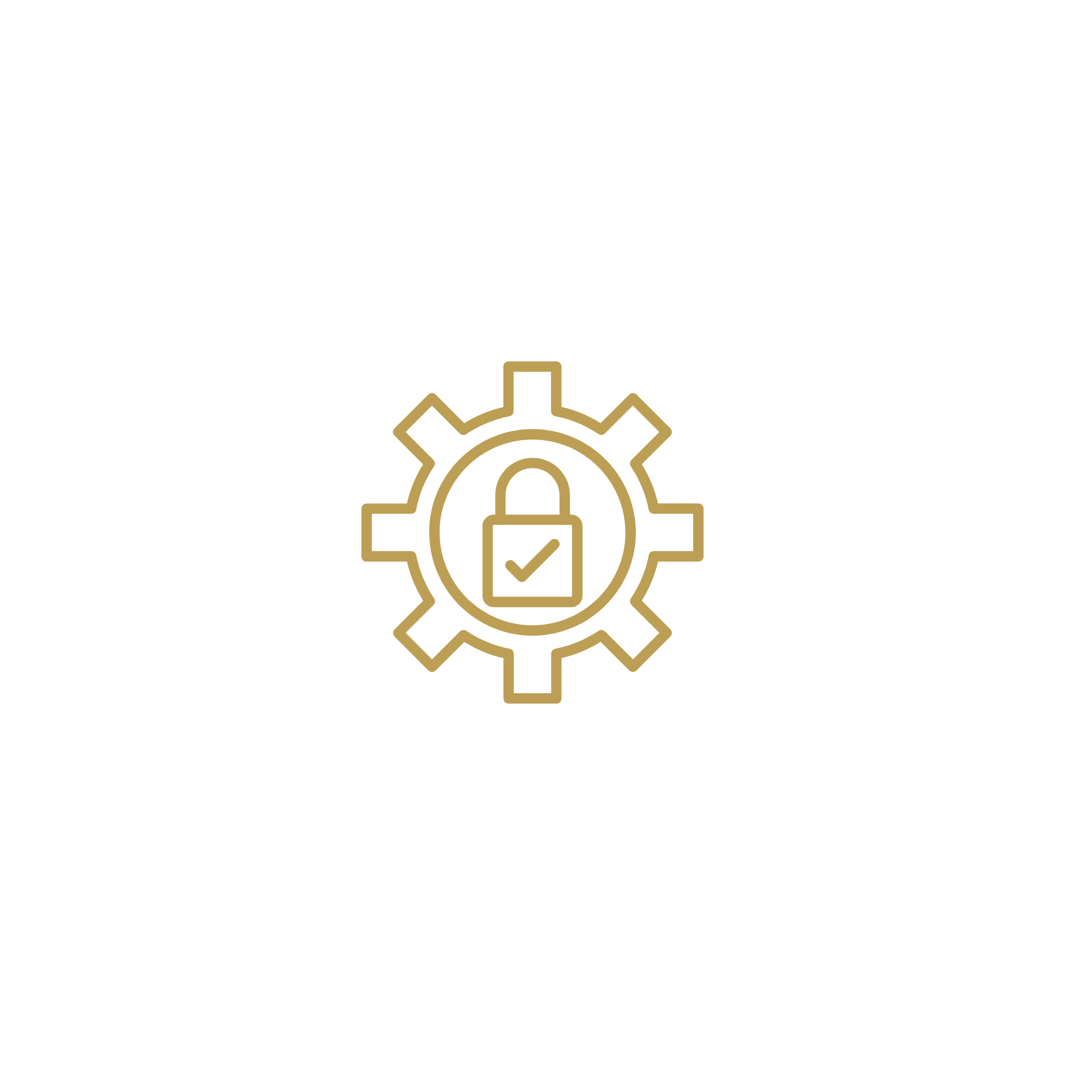 Gold gear icon with a padlock and checkmark inside on a black background.