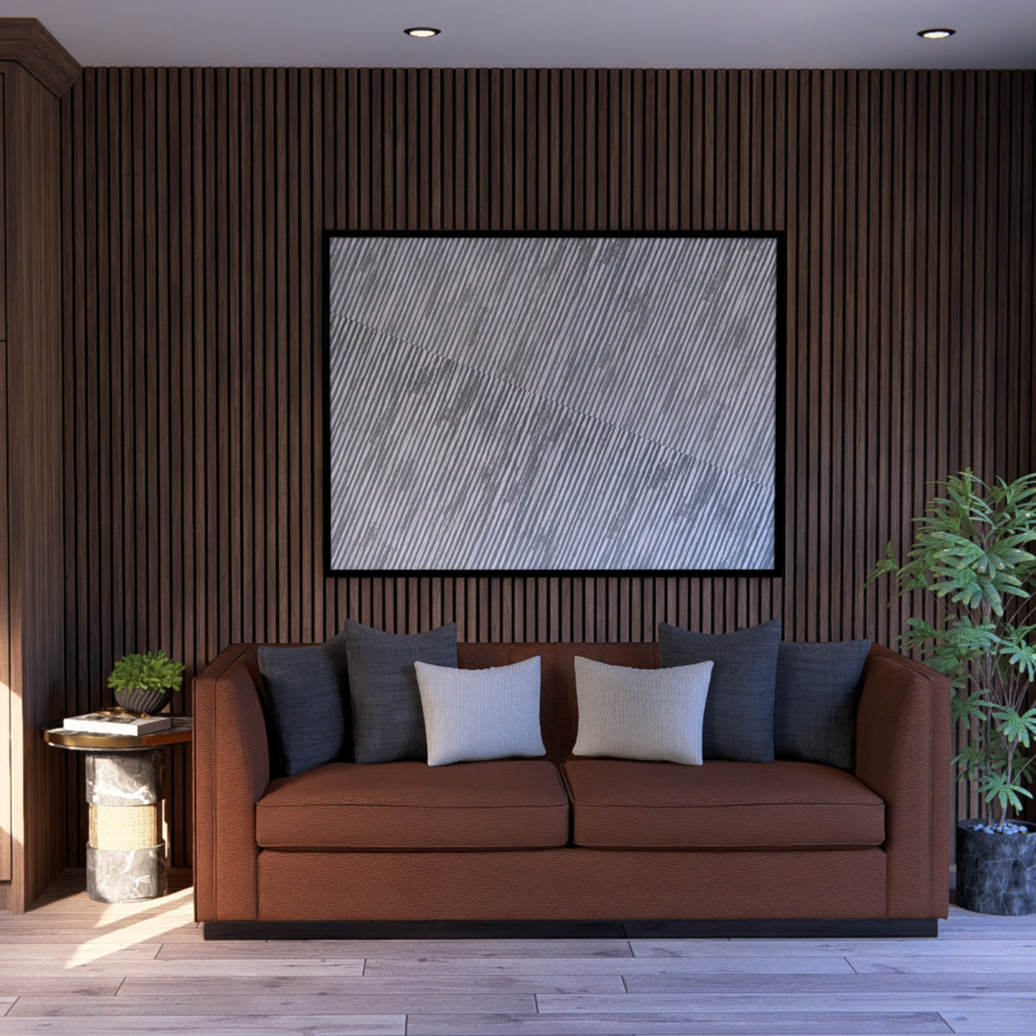 Modern living room with a rust-colored sofa, dark and light throw pillows, wooden slat wall with abstract artwork, side table with a potted plant, and a large leafy plant on the right.