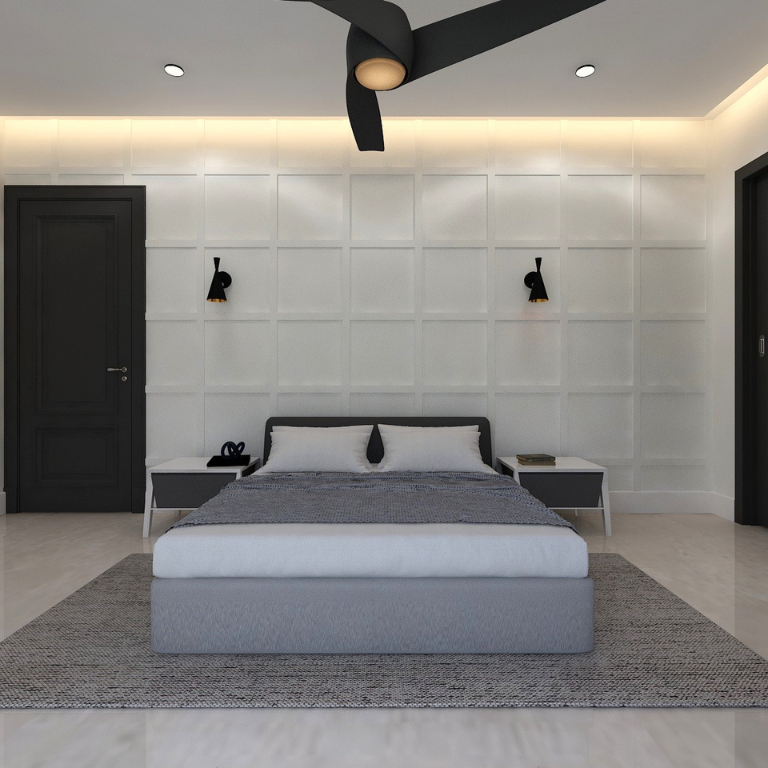 Modern bedroom with a white and black color scheme, featuring a bed with white bedding and black accents, dark gray doors, and minimalist black wall sconces.