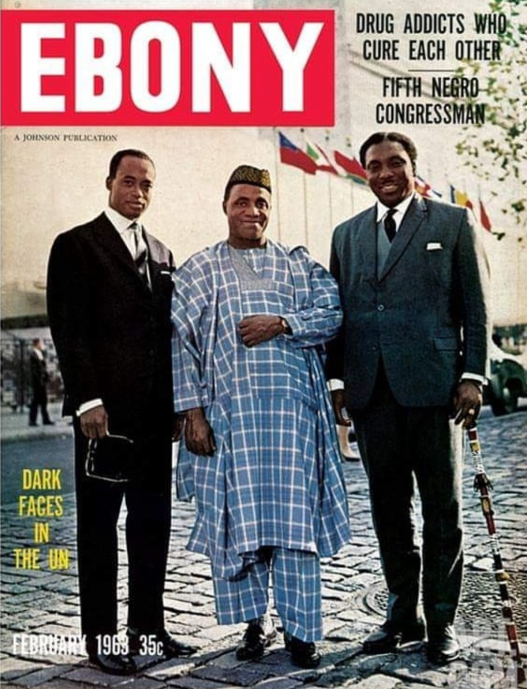 A vintage magazine cover titled "Ebony" from February 1963 featuring three Black men dressed in formal attire, standing on a cobblestone street with a flag in the background, with headlines about the United Nations.