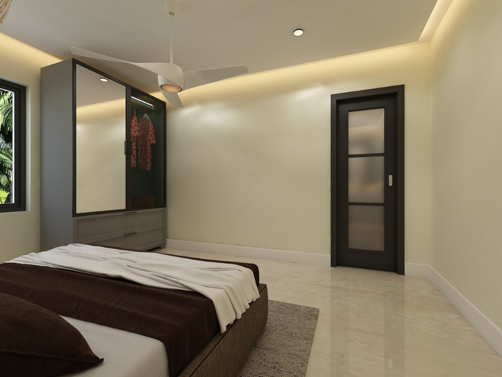 A minimalist bedroom with a bed, closet with glass doors, black door with frosted glass, ceiling fan, window showing greenery, and subtle ceiling lighting.
