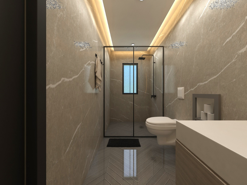 Modern bathroom with a walk-in shower, toilet, beige marble walls, and a small window.